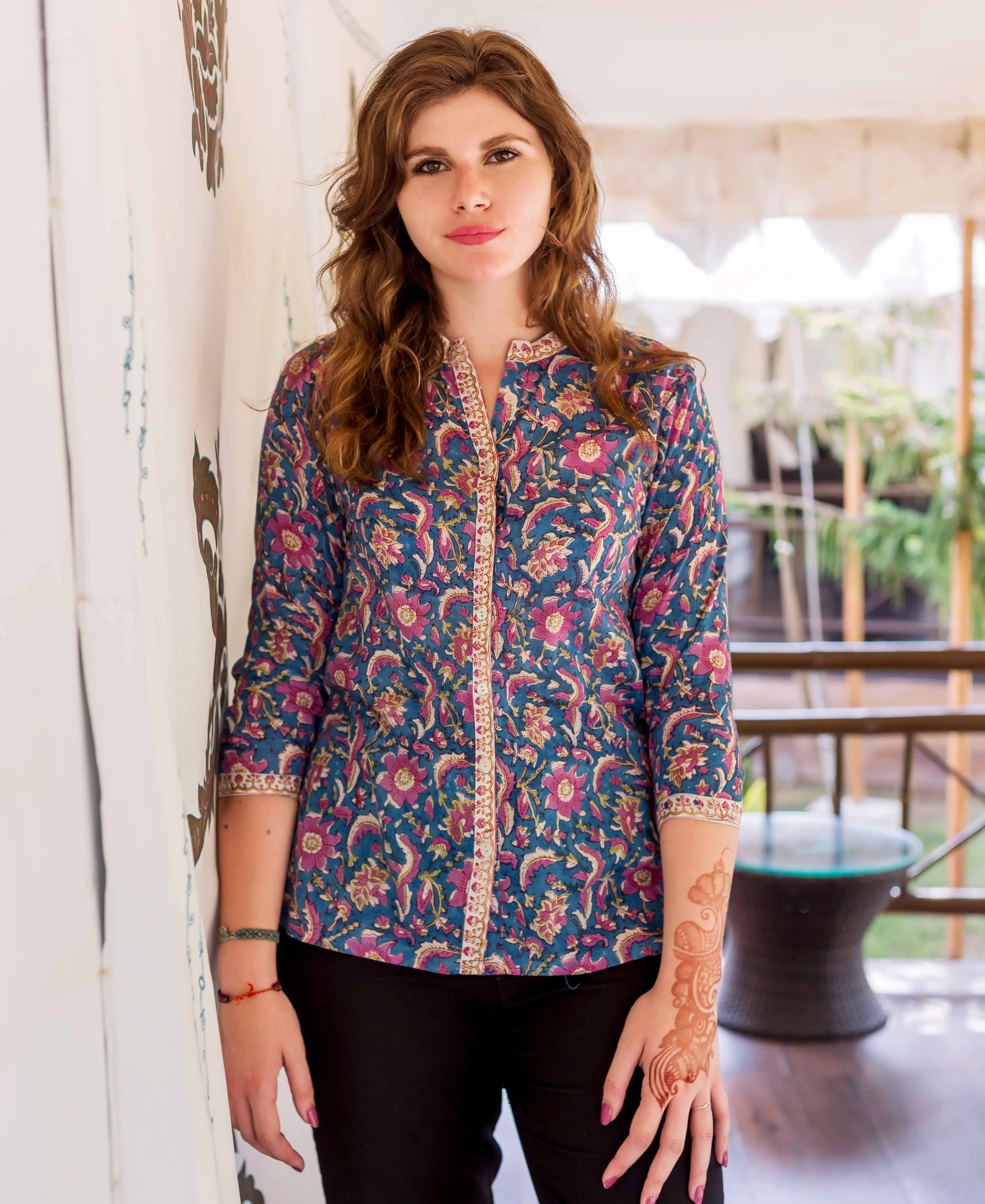 Blue and Pink Block Printed Ethnic Top