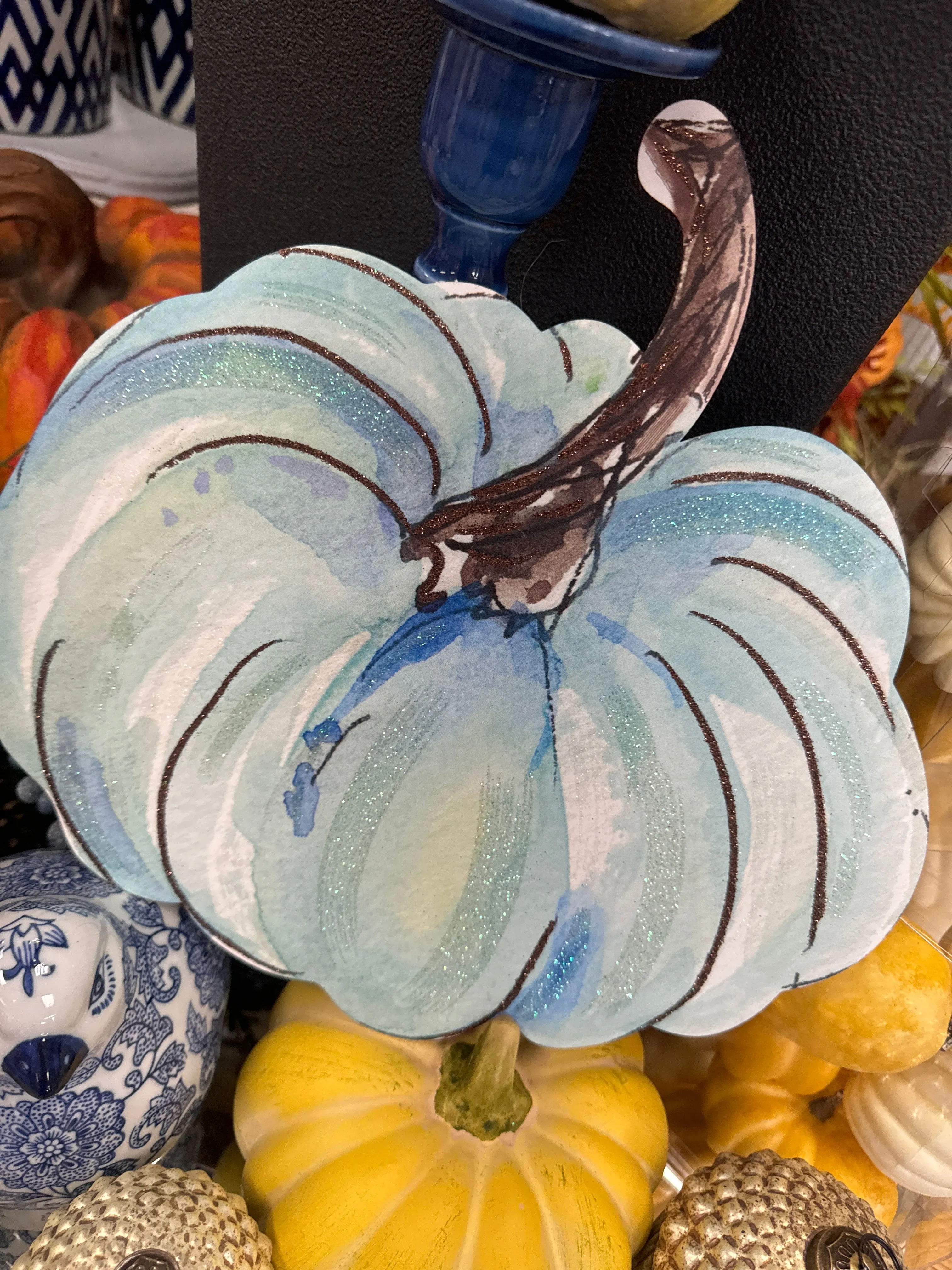 Blue and white metal pumpkins