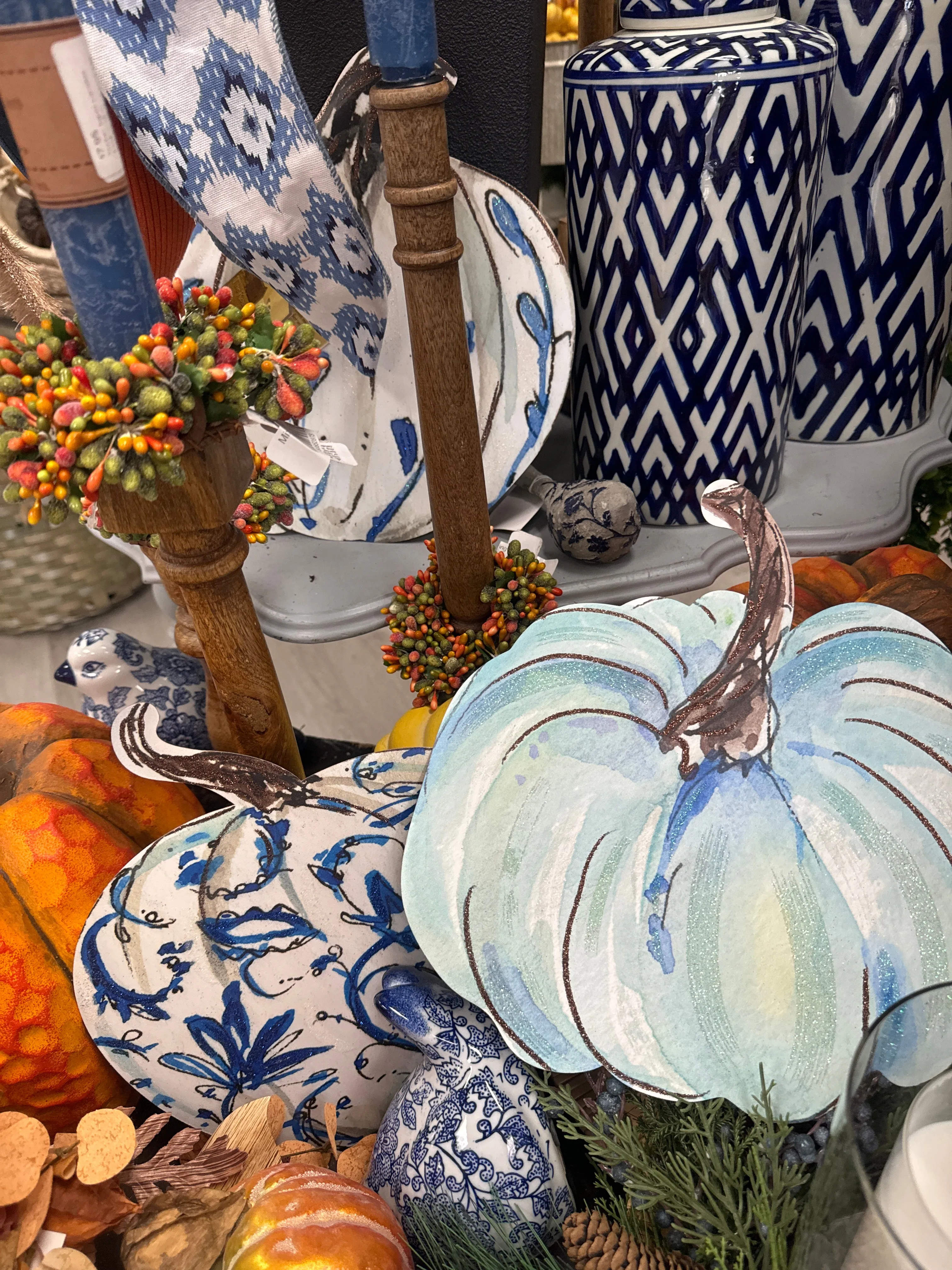 Blue and white metal pumpkins