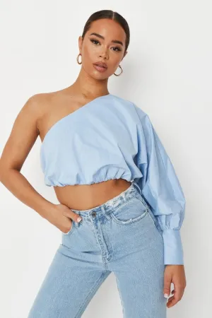 Blue One Shoulder Poplin Crop Top