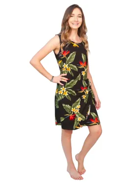 BOP Plumeria Tropical Hawaiian Print Sarong Dress in Black