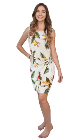 BOP Plumeria Tropical Hawaiian Print Sarong Dress in White