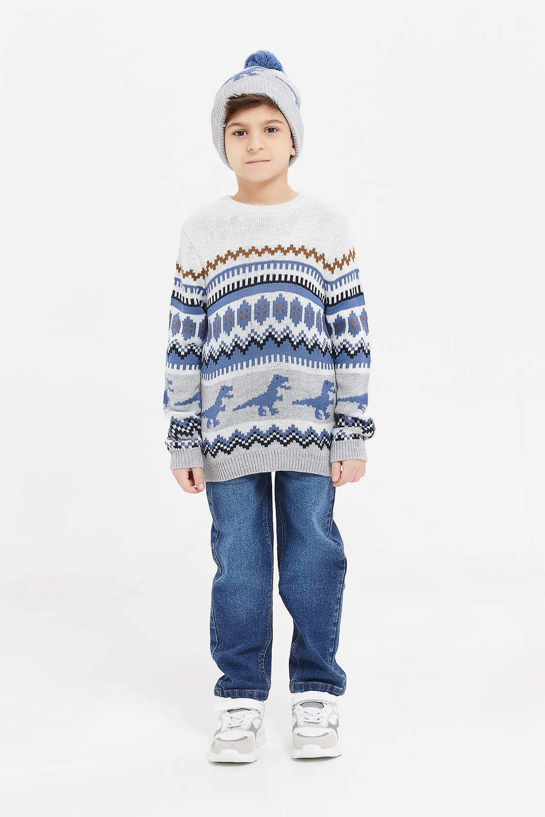 Boys Grey Fair Isle Jumper With Hat Set (2 Piece)