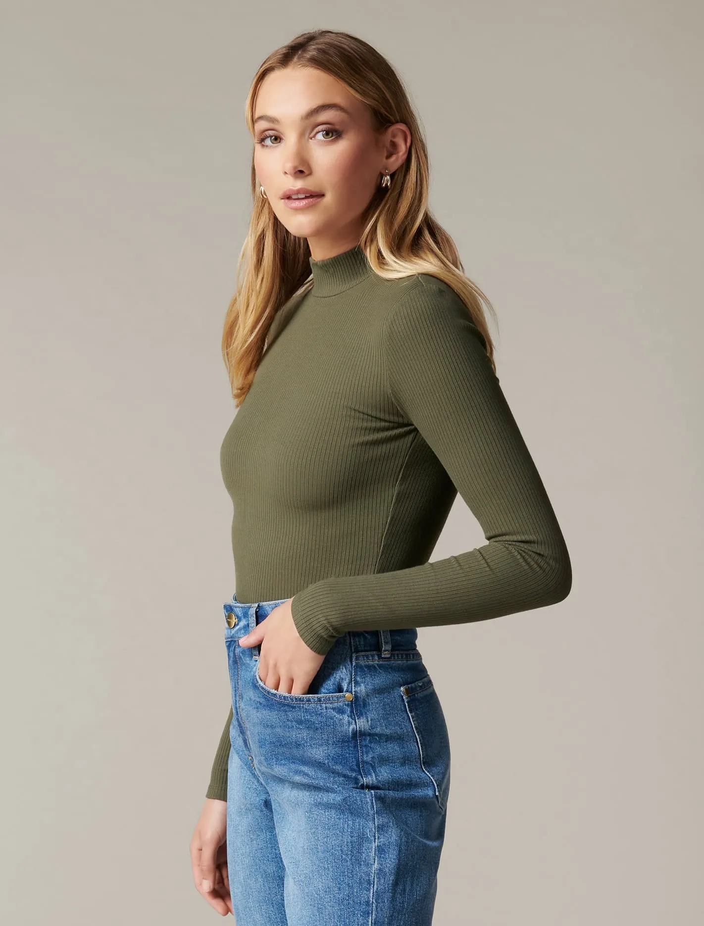 Brandi High Neck Rib Long Sleeve Top