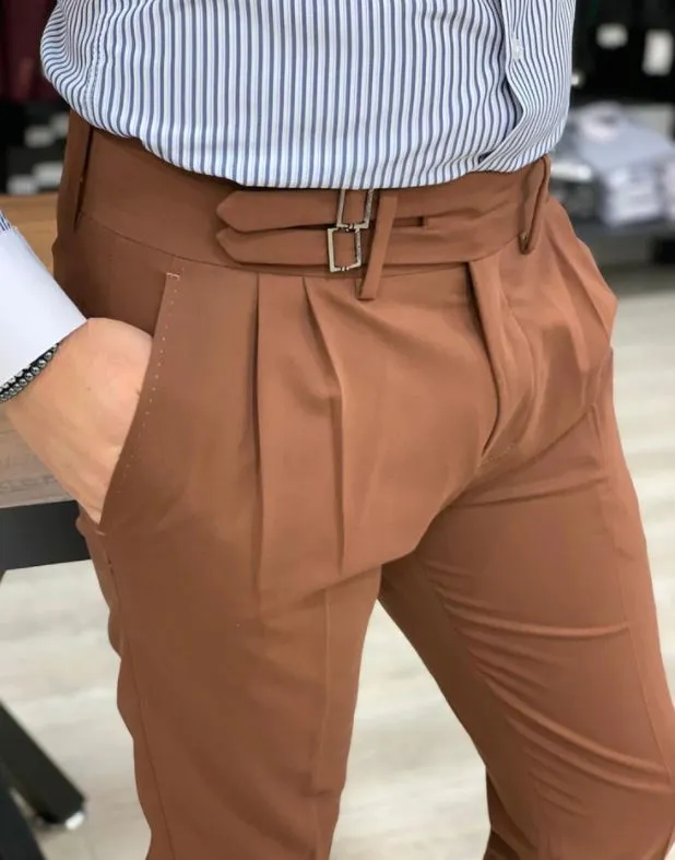 Brown Double Pleated Buckle Pants