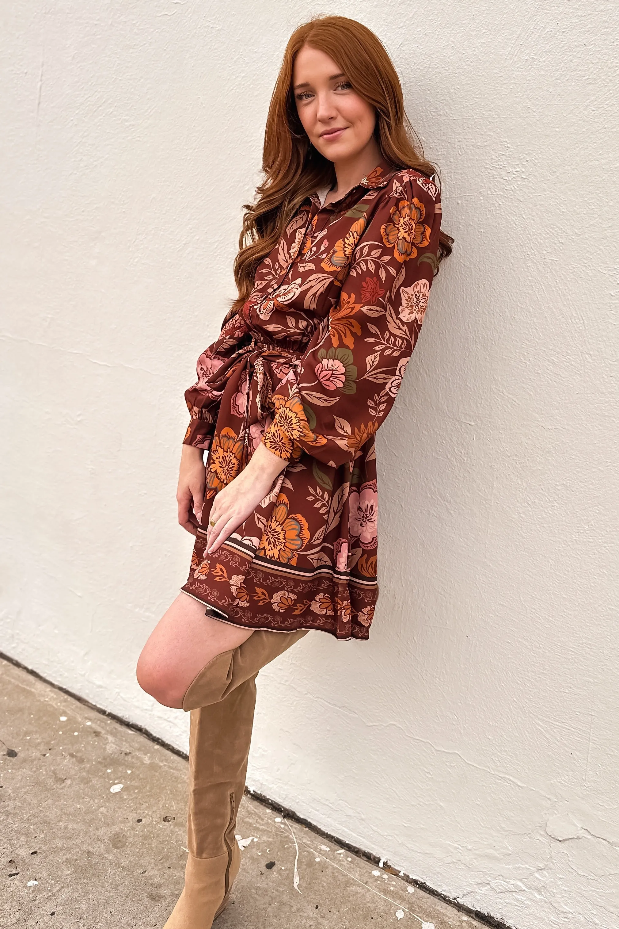 Brown Floral Printed Mini Dress