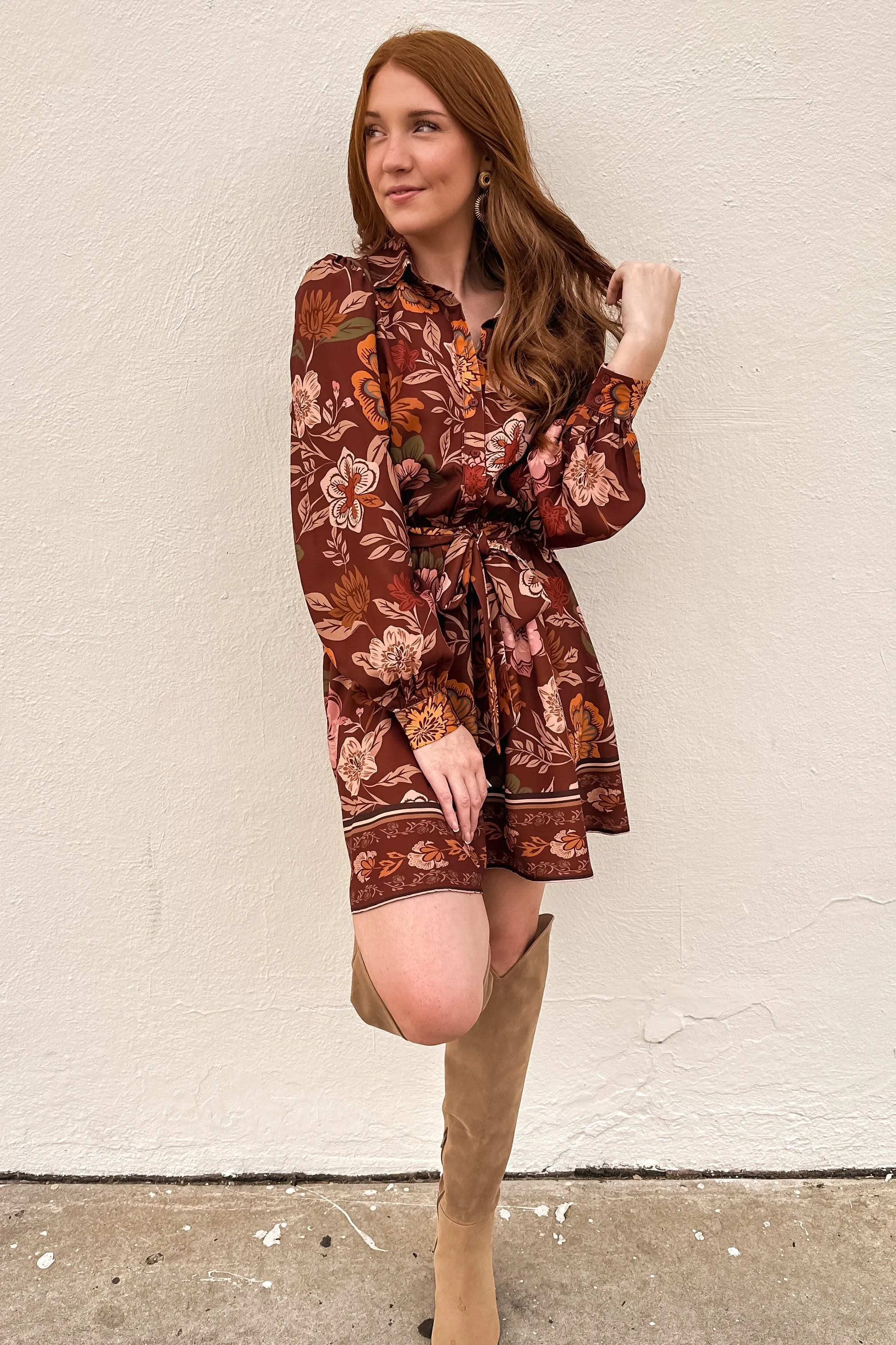 Brown Floral Printed Mini Dress