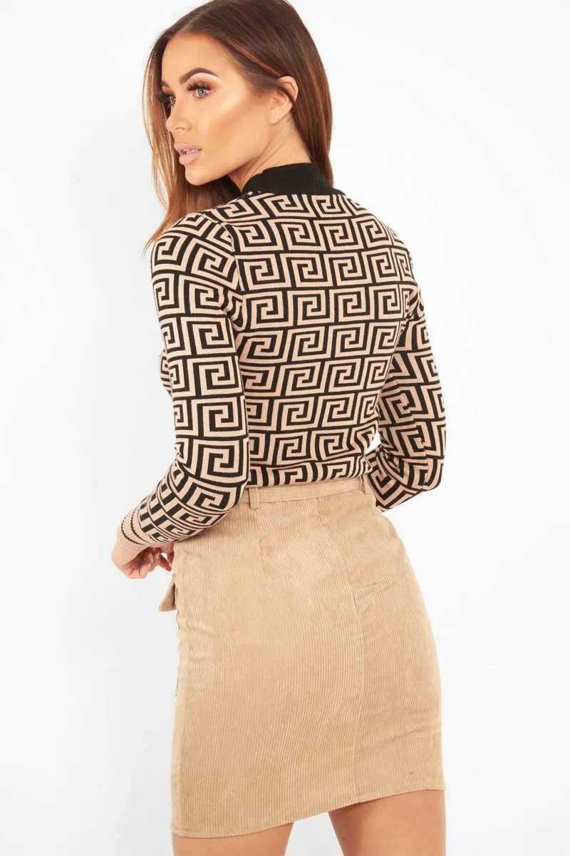 Camel Aztec Print High Neck Jumper - Lola