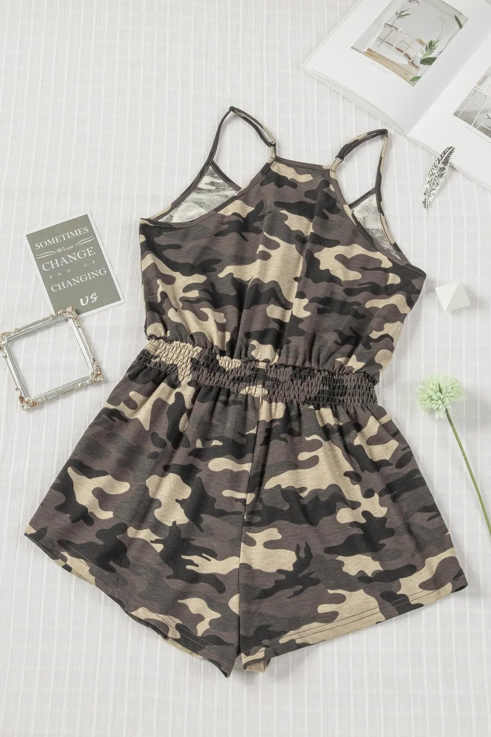 Camouflage Smocked Waist Sleeveless Romper