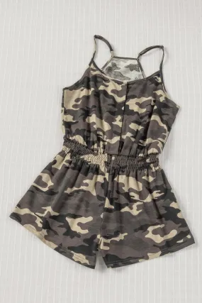 Camouflage Smocked Waist Sleeveless Romper