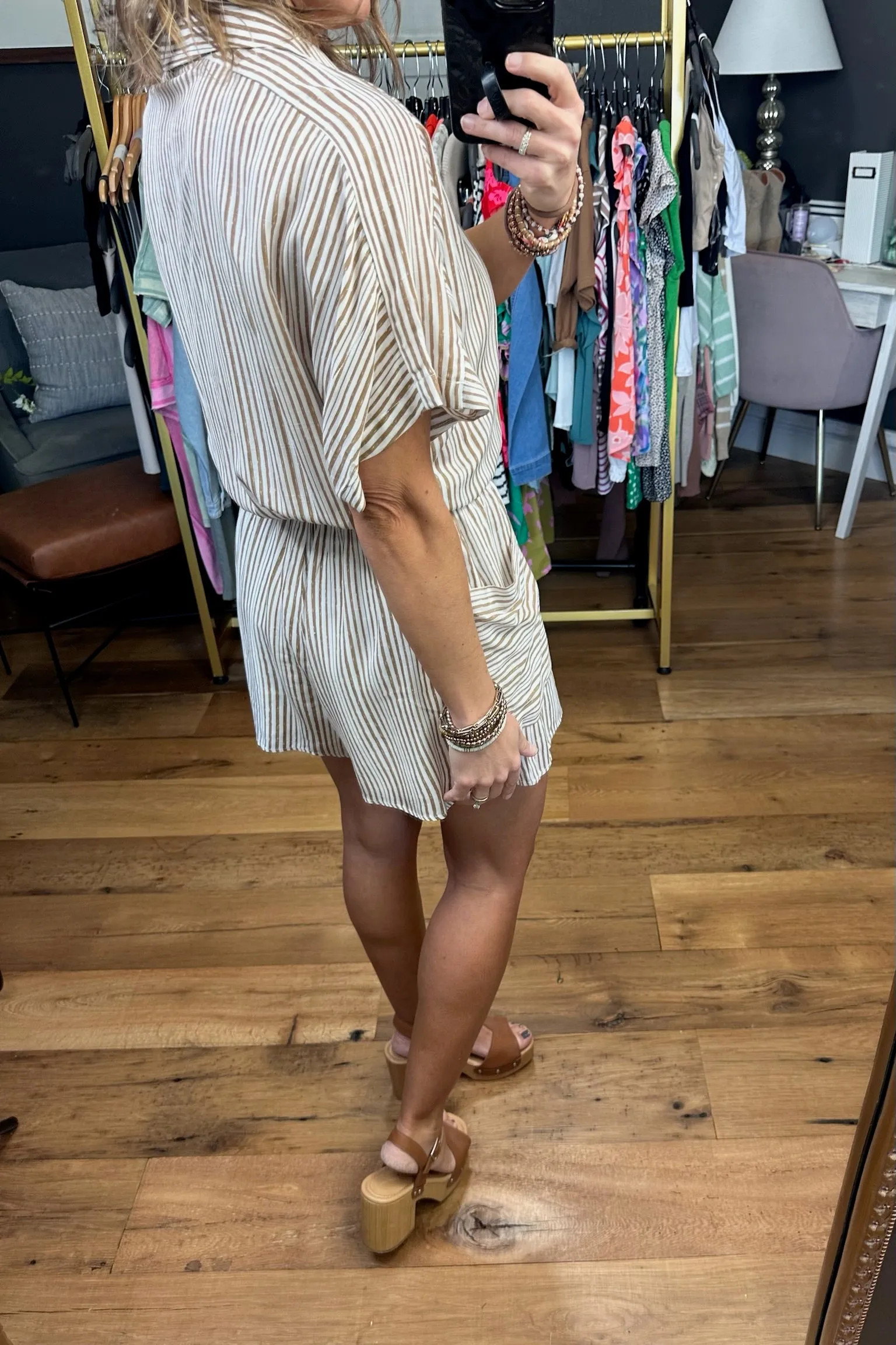 Certain Moment In Time Striped Button-Detail Romper - Taupe