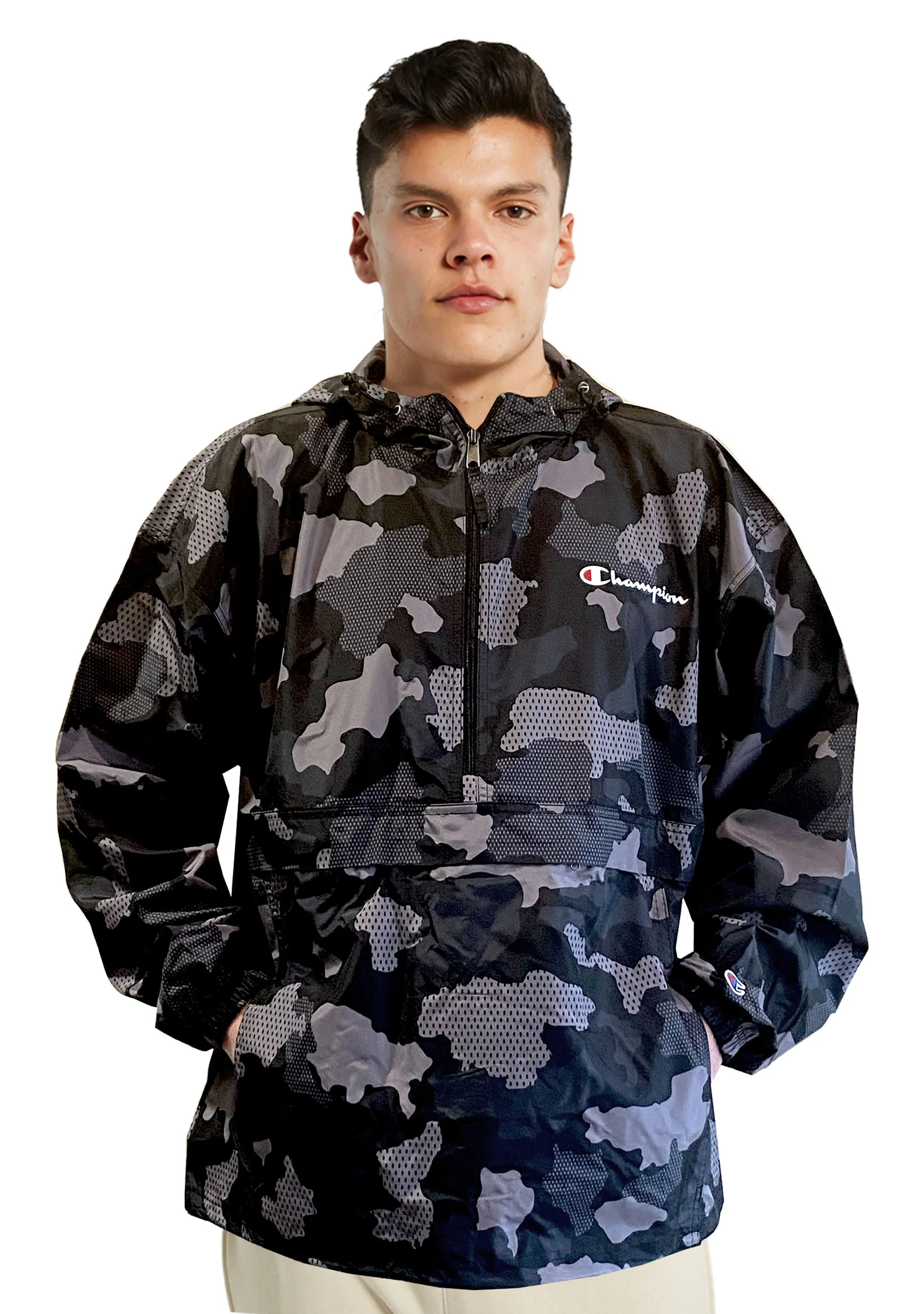 Champion Mens US Quarter Zip Grey Camo Packable Jacket <BR> AVR9A1 T95