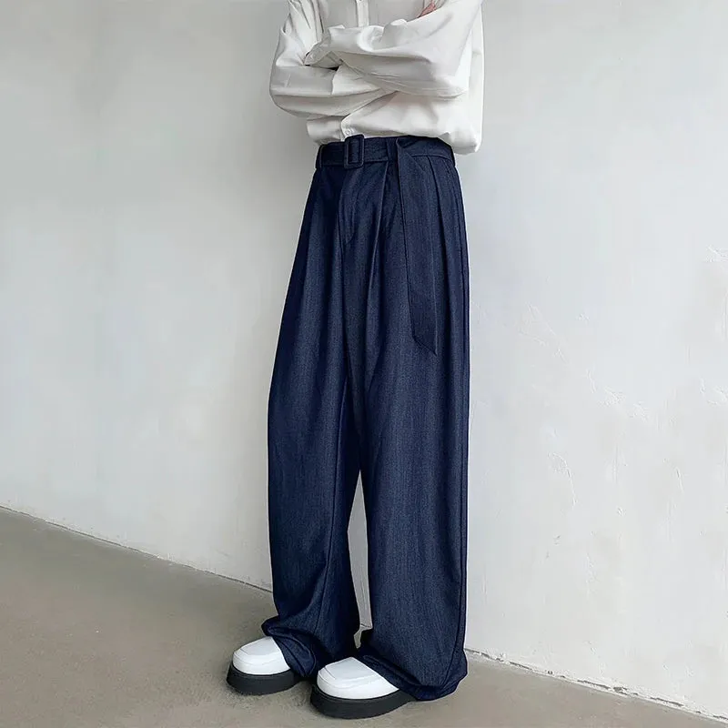 Chic Men's Casual Pants Droop Loose Straight Bottom Wide Leg Solid Color Male Trousers Summer Simple 9C6408