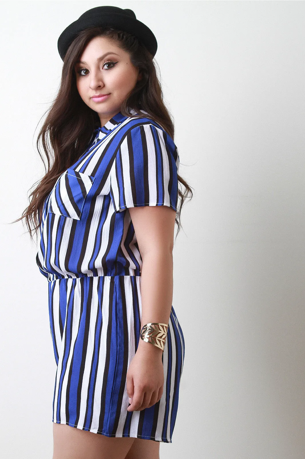 Chiffon Striped Button-Up Short Sleeve Romper