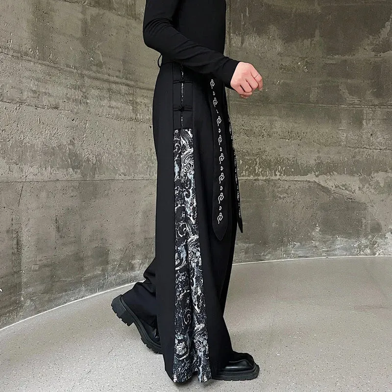 Chinese Style Embroidered Ribbon Skirt Pant Personality Men Patchwork Wide Leg Casual Trousers Fashion Versatile 9C3118