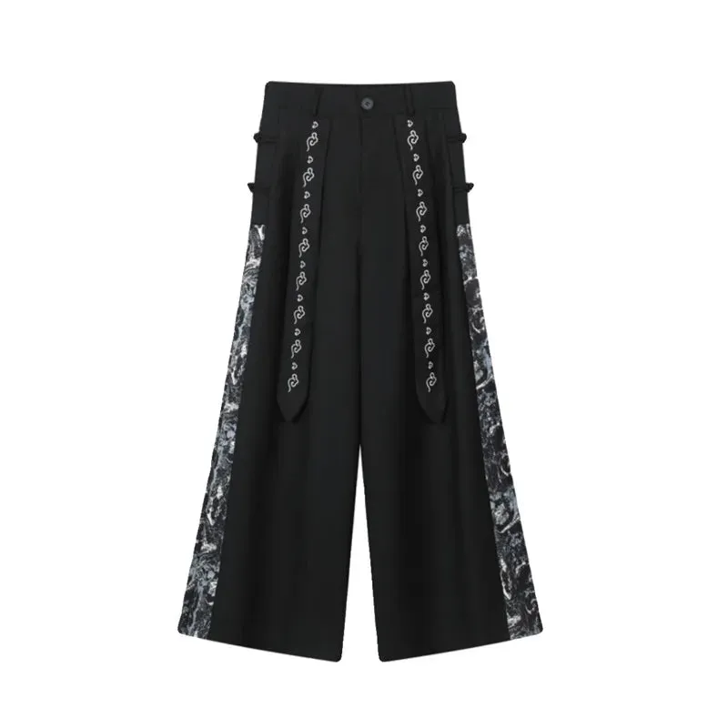 Chinese Style Embroidered Ribbon Skirt Pant Personality Men Patchwork Wide Leg Casual Trousers Fashion Versatile 9C3118