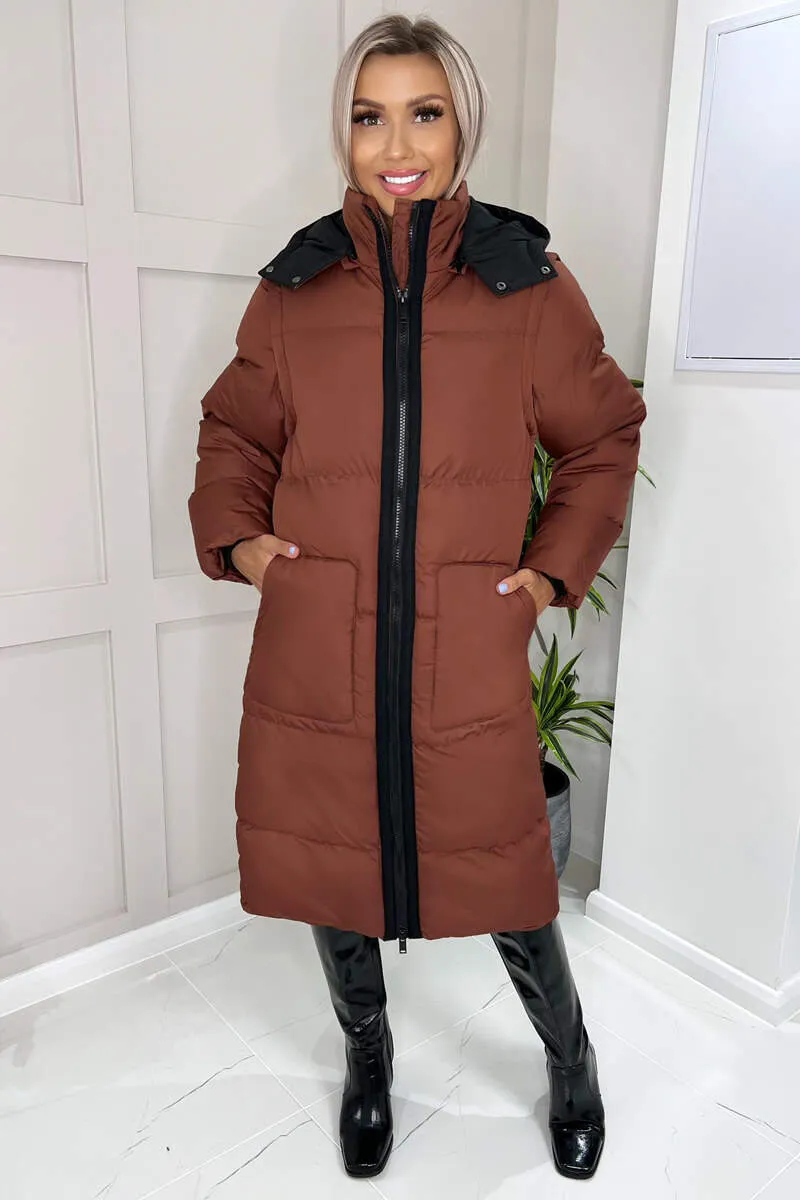 Chocolate 2 in 1 Puffer Coat With Detachable Sleeves