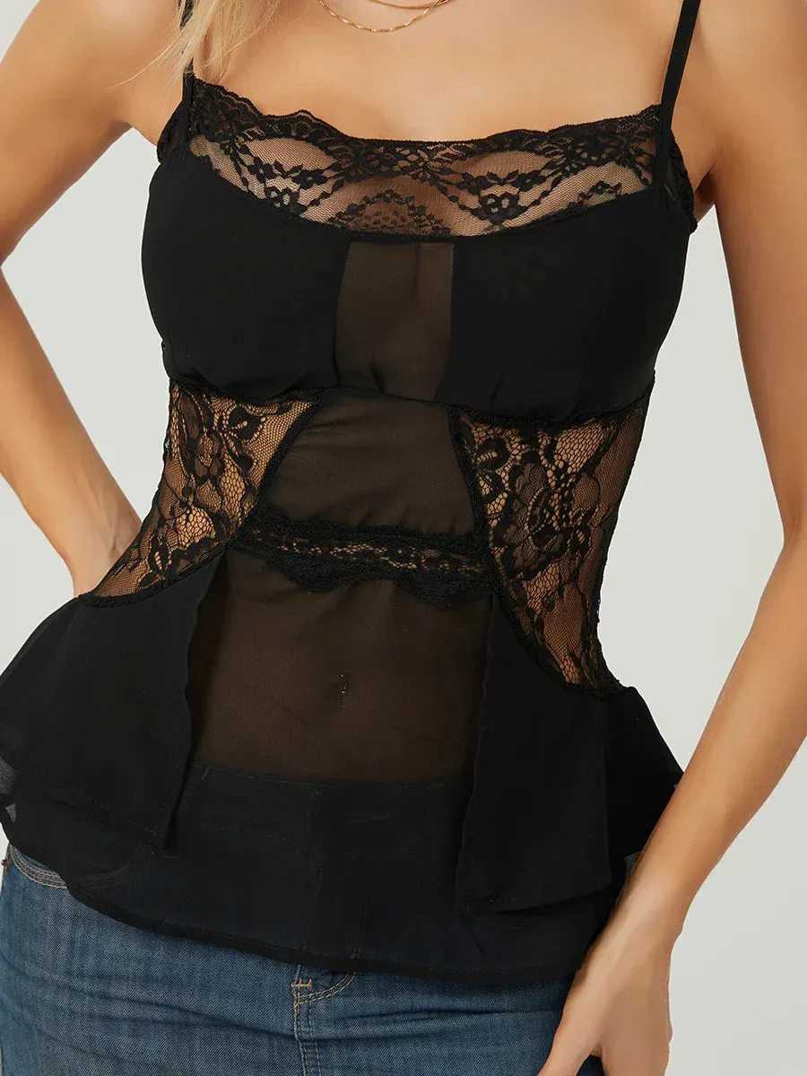 Color Mesh Sheer Layered Hem Lace Camisole Crop Solid Top