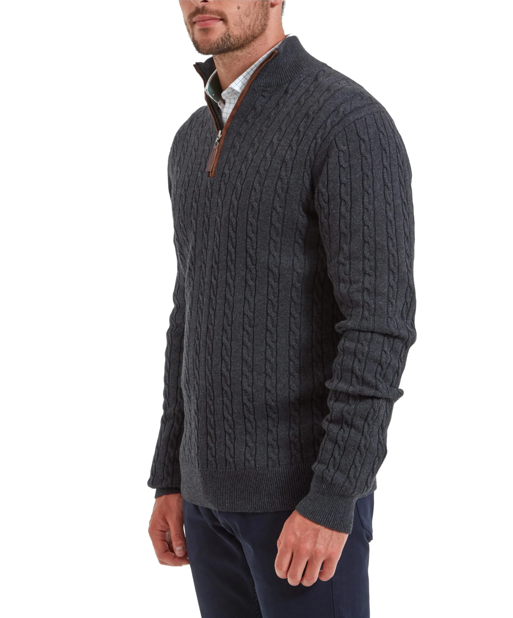 Cotton Cashmere Cable Quarter Zip Jumper - Charcoal