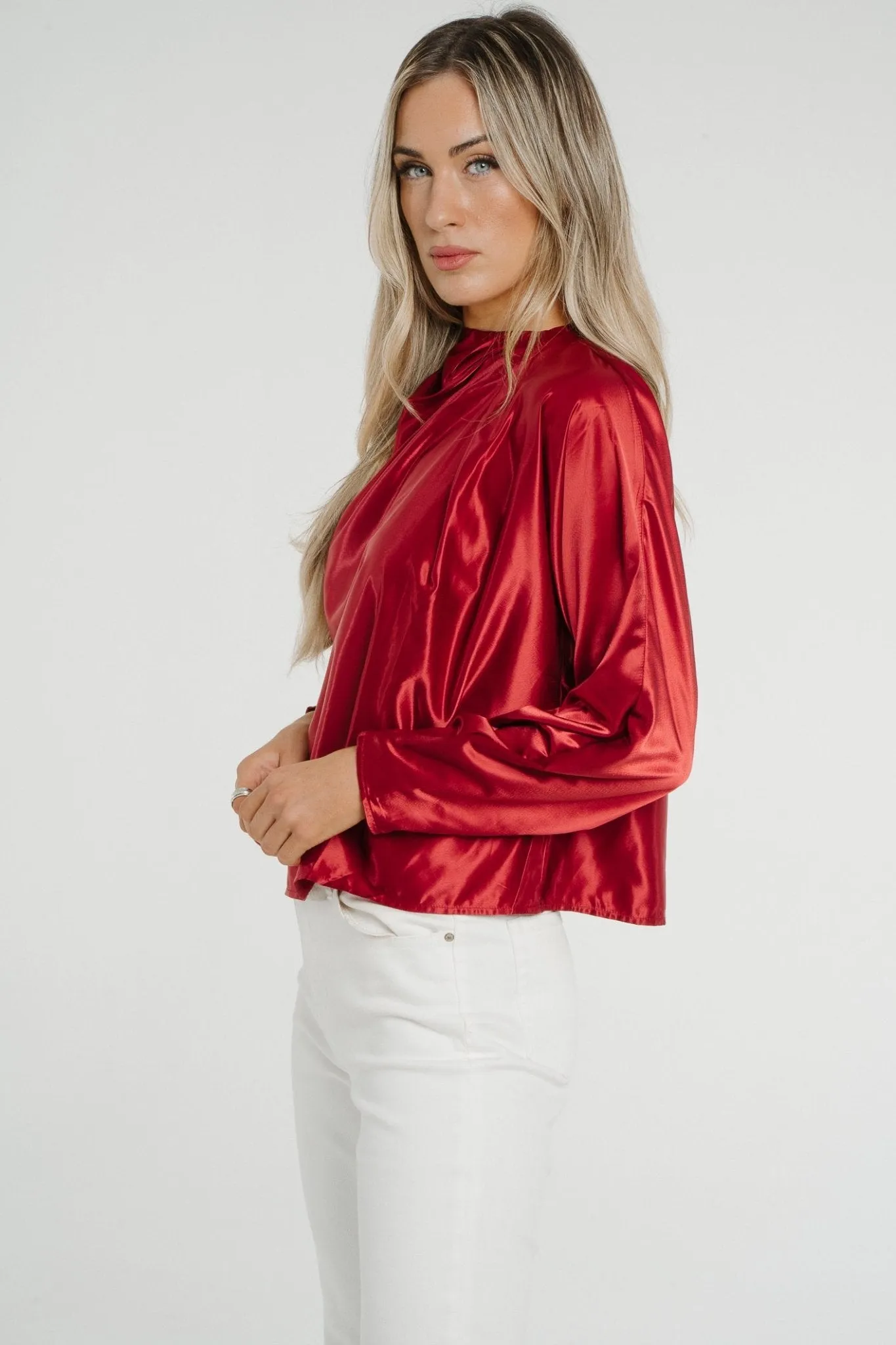 Daisy Drape Satin Top In Red