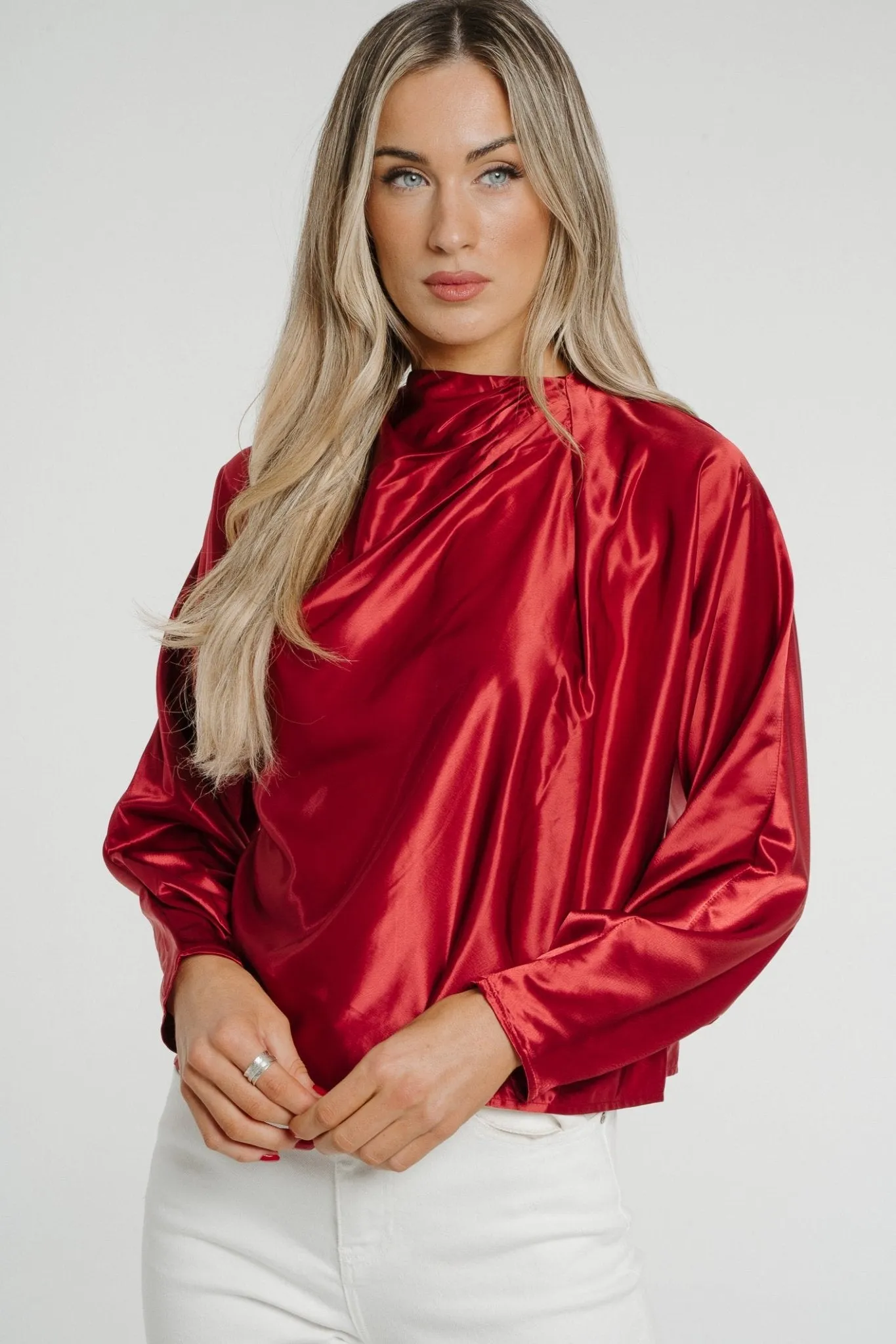 Daisy Drape Satin Top In Red