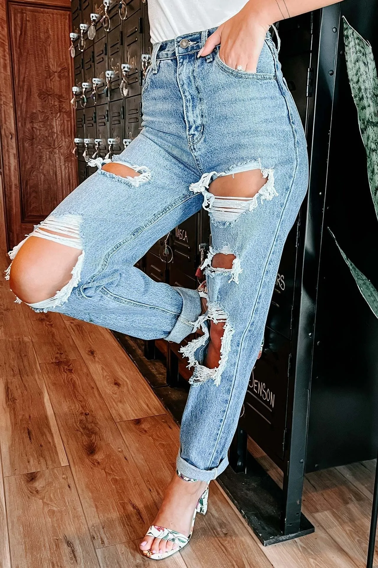 Destroyed Ripped Knee High Waist Straight Leg Denim Jeans