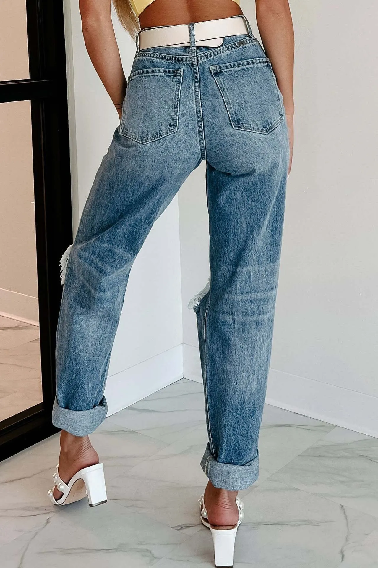 Destroyed Ripped Knee High Waist Straight Leg Denim Jeans