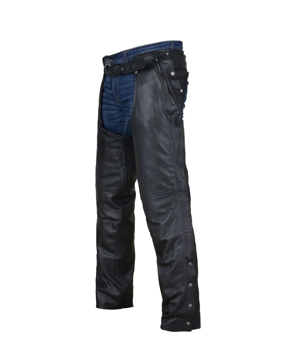 Dream Apparel Black Multi-Pocket Premium Cowhide Leather Chaps with removable lining