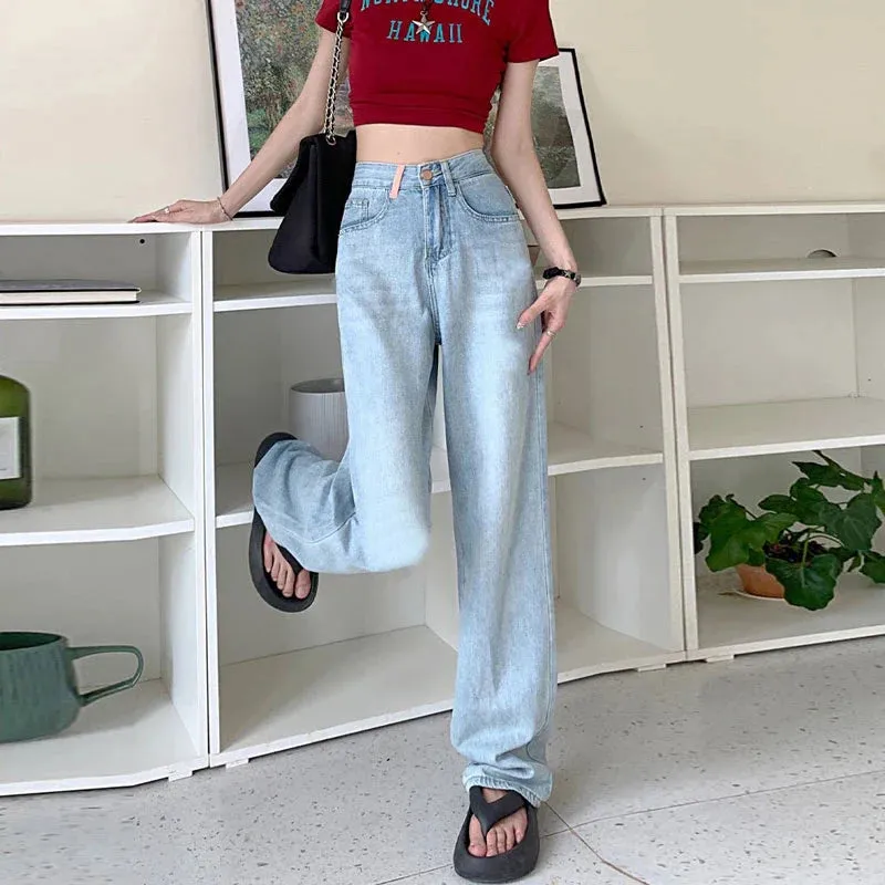 Embroidered Pockets Women Waist Casual Pear Shaped Trailing Straight Wide Leg Jeans