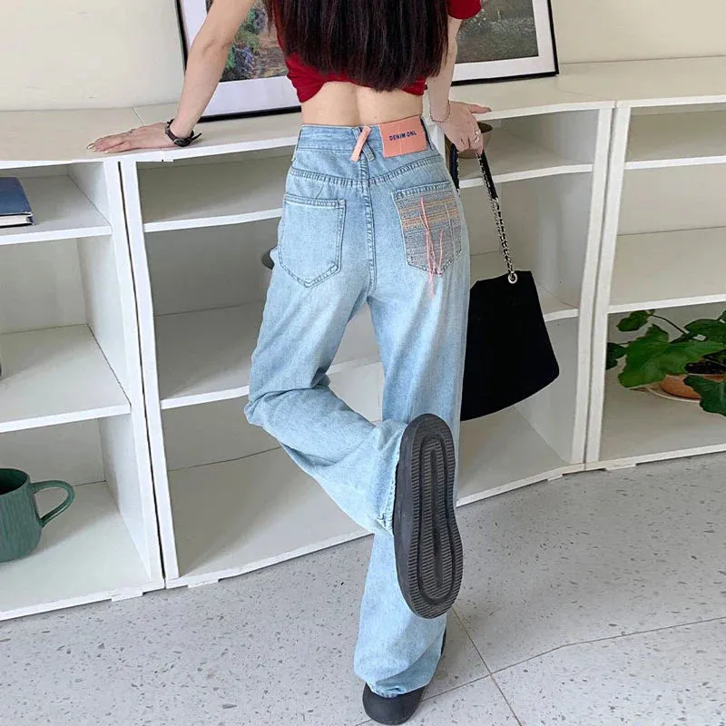 Embroidered Pockets Women Waist Casual Pear Shaped Trailing Straight Wide Leg Jeans