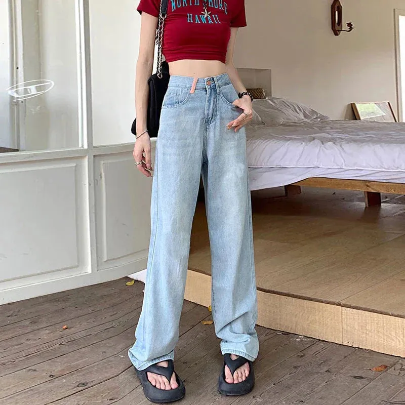 Embroidered Pockets Women Waist Casual Pear Shaped Trailing Straight Wide Leg Jeans