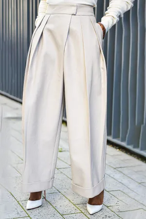 Fashion PU Pleated High Waist Pants