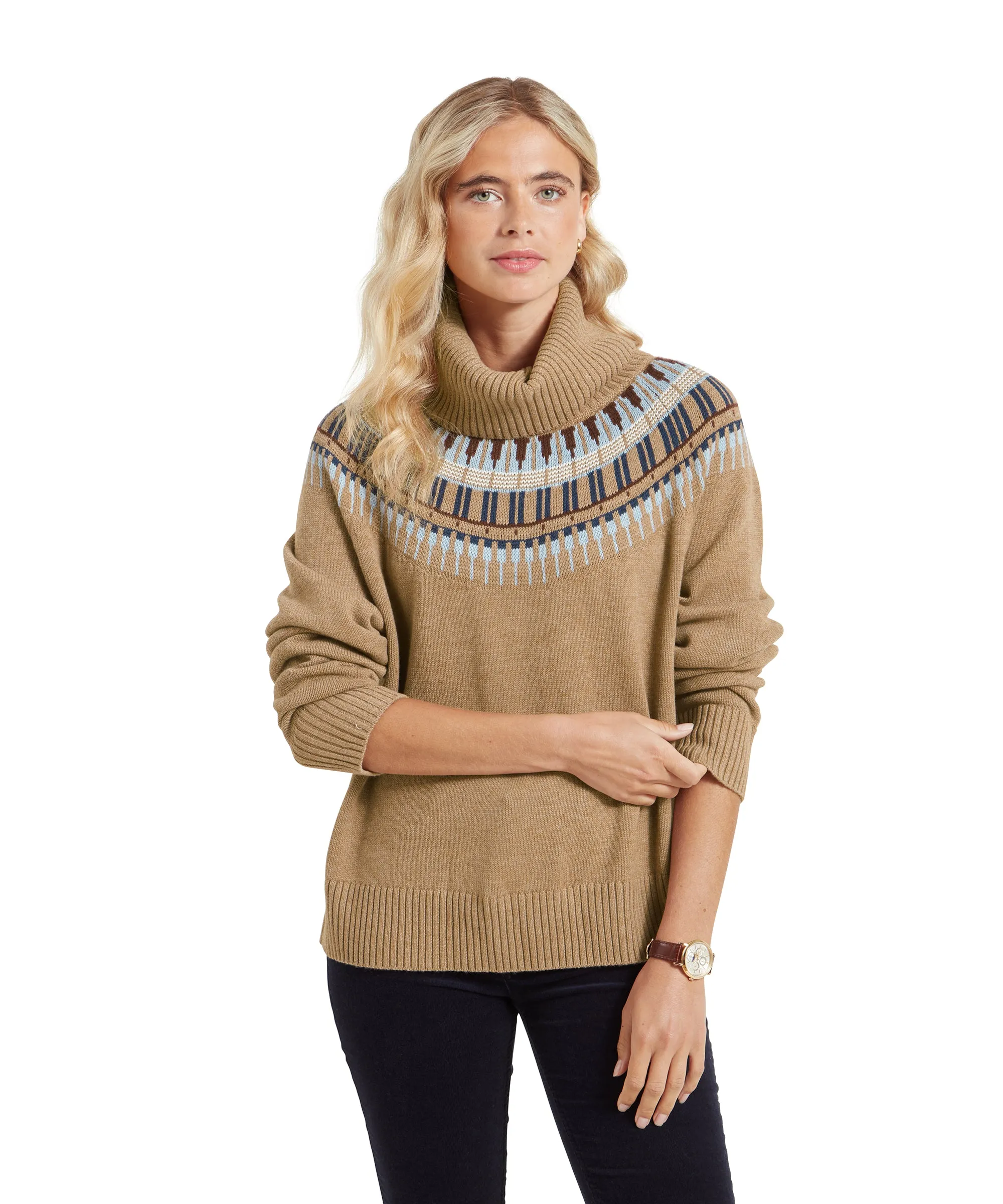 Filey Fairisle Roll Neck Jumper - Warm Sand