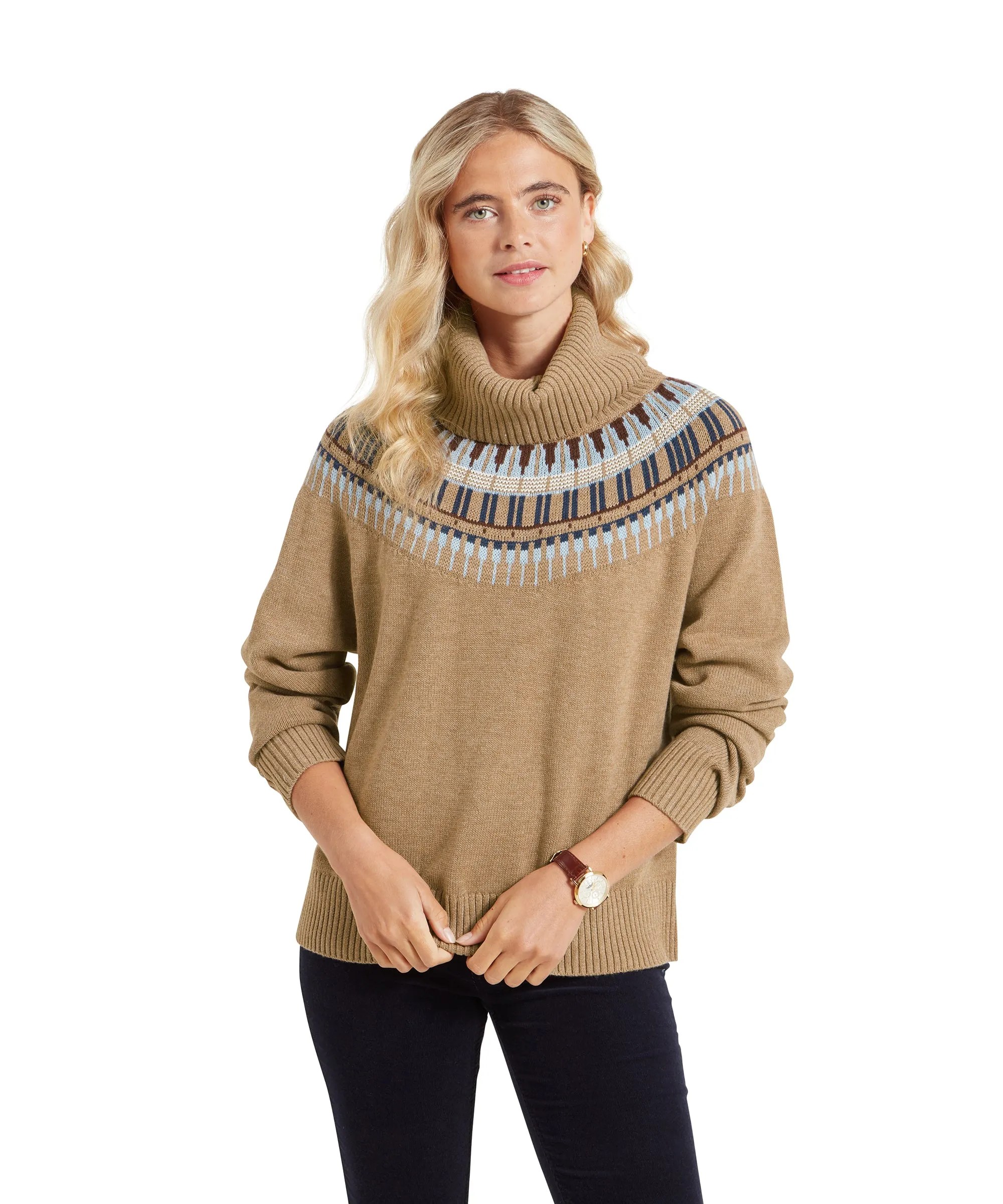 Filey Fairisle Roll Neck Jumper - Warm Sand