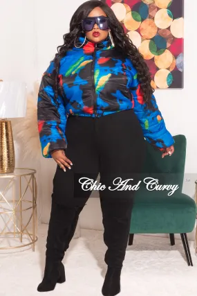 *Final Sale Plus Size Shiny Crop Puffer Jacket in Royal Blue Black Red and Green