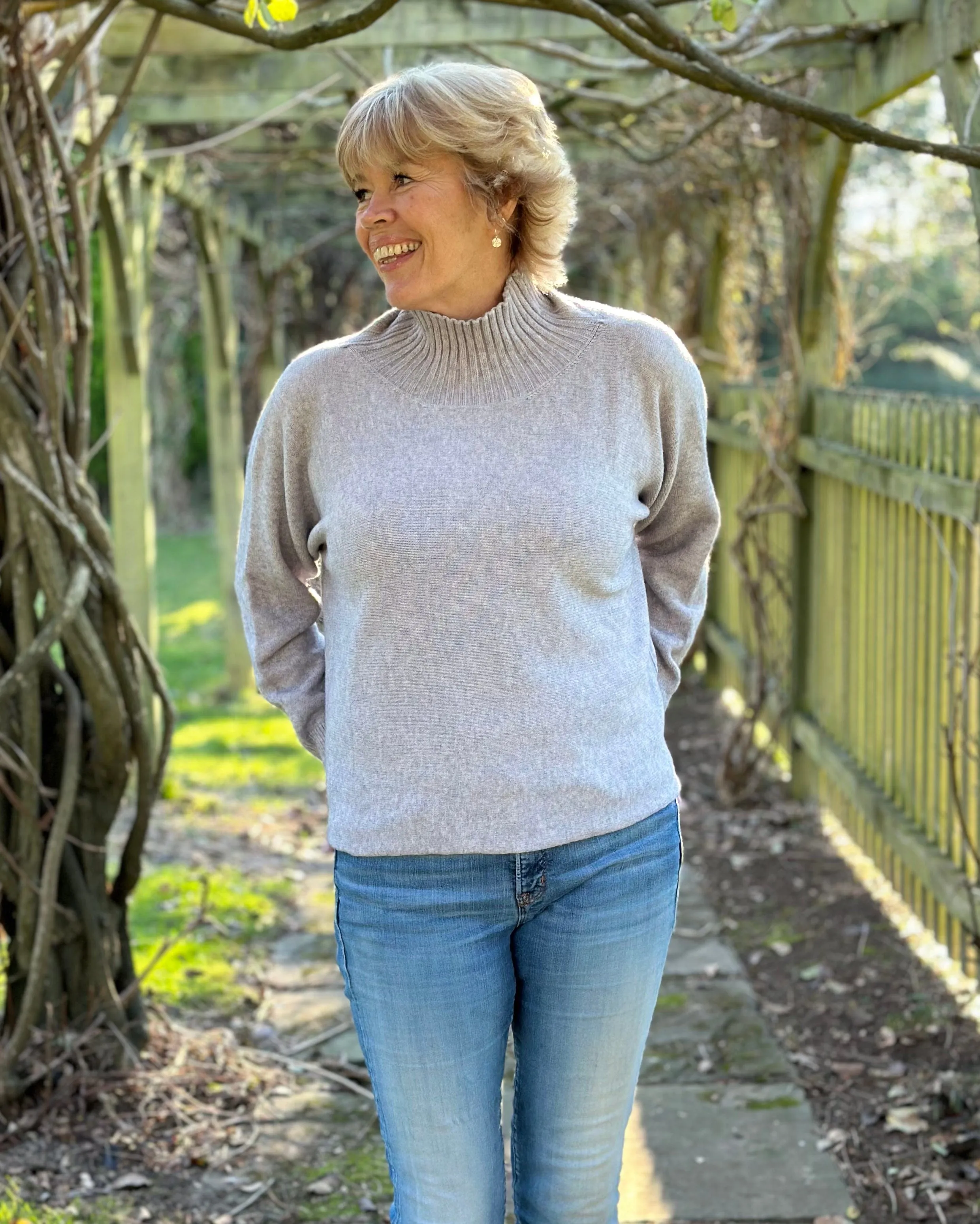 Funnel Neck Soft Knit Long Sleeve Jumper - Pale Grey