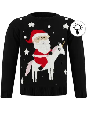 Girl's Unicorn Santa LED Light Up Novelty Christmas Jumper in Black - Merry Christmas Kids (4-12yrs)