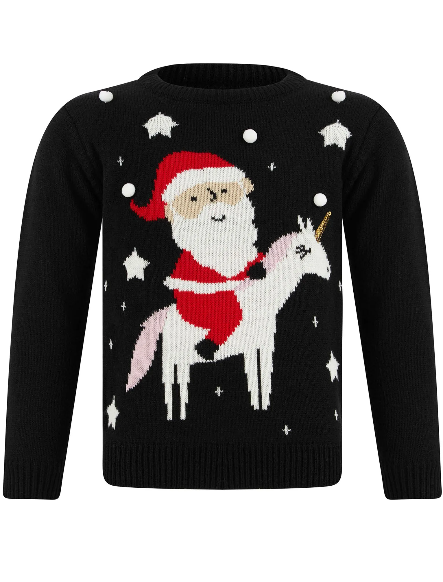 Girl's Unicorn Santa LED Light Up Novelty Christmas Jumper in Black - Merry Christmas Kids (4-12yrs)