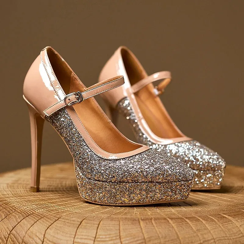 Glitter High-Heeled Pointed Shoes with One-Strap Buckle