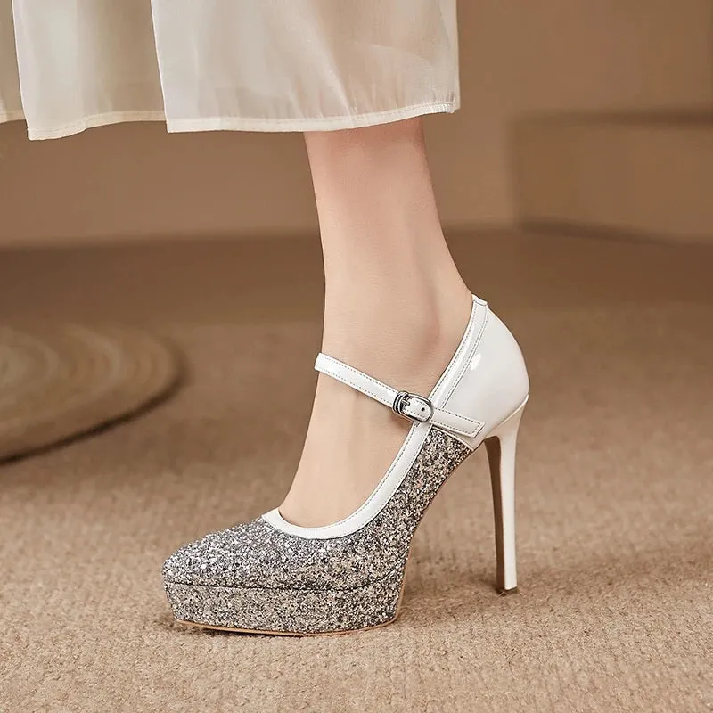 Glitter High-Heeled Pointed Shoes with One-Strap Buckle