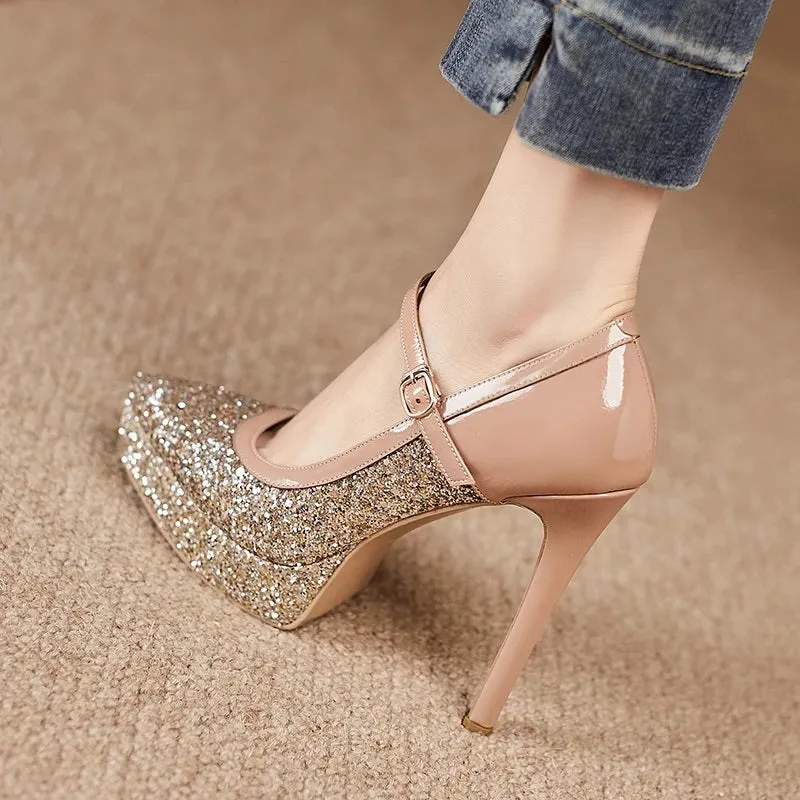 Glitter High-Heeled Pointed Shoes with One-Strap Buckle