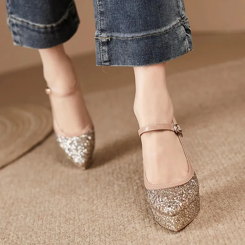 Glitter High-Heeled Pointed Shoes with One-Strap Buckle