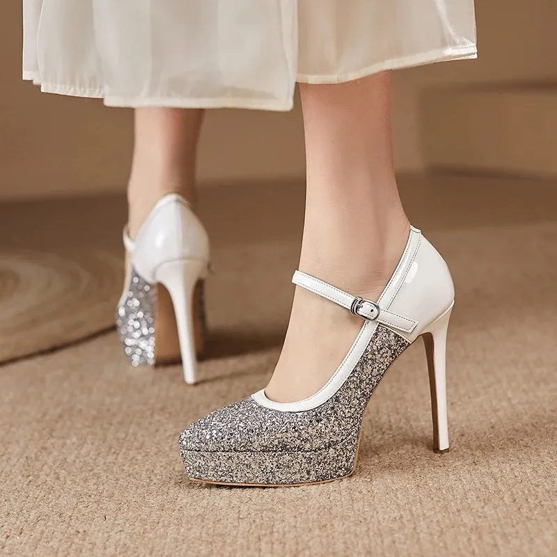 Glitter High-Heeled Pointed Shoes with One-Strap Buckle