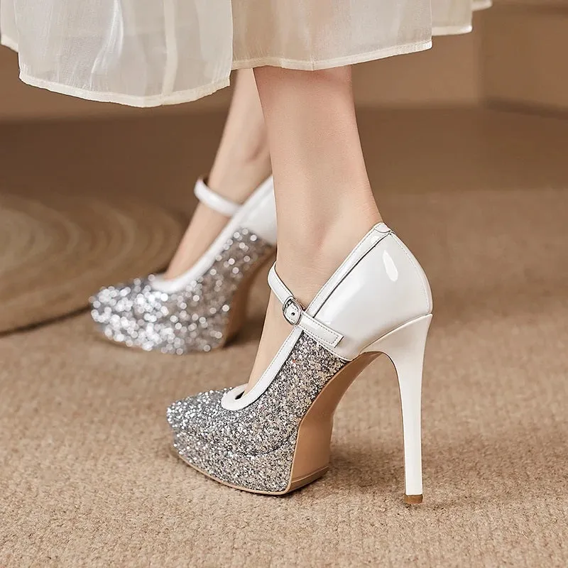 Glitter High-Heeled Pointed Shoes with One-Strap Buckle