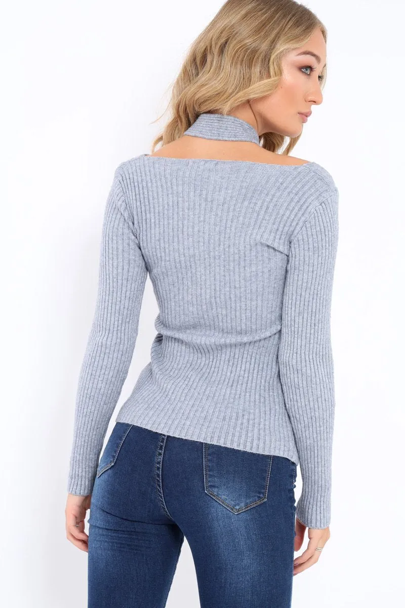 Grey Choker Twist Knit Jumper - Maya