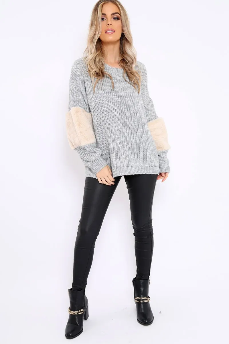 Grey Chunky Knit Fur Sleeve Jumper - Kimberly