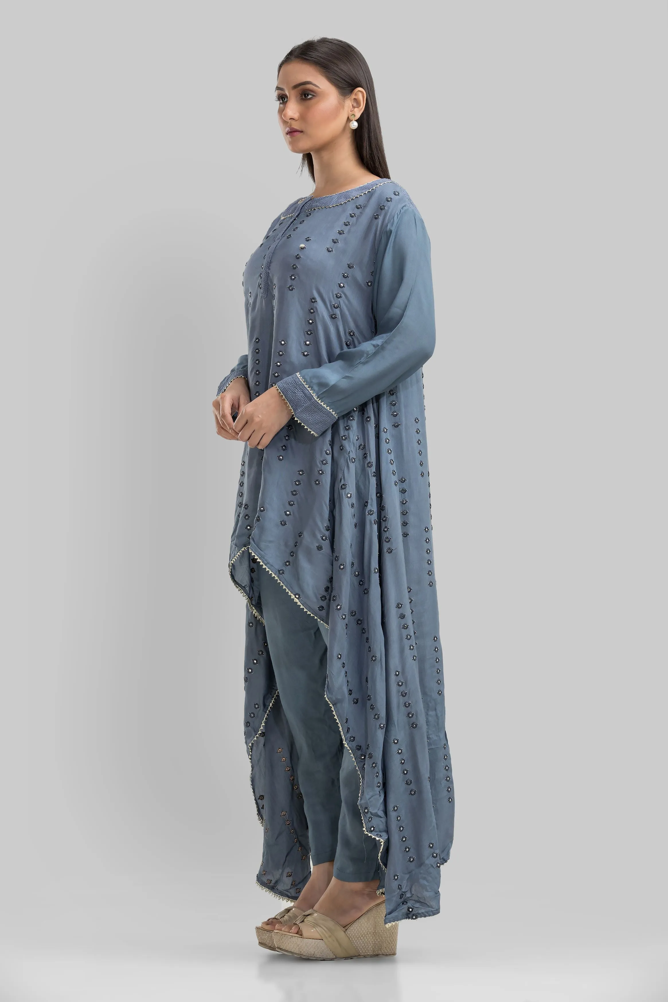 Grey Embroidered Muslin Silk Kurta Set