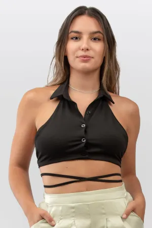 Halter Neck Tie Round Crop Top in Black