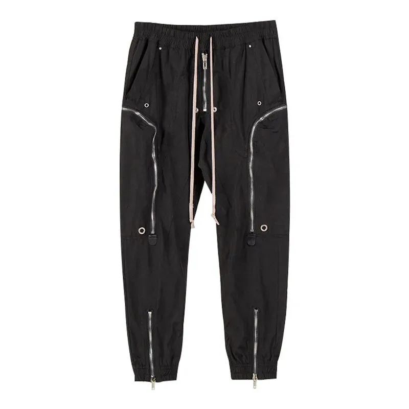 High Quality Male's Trousers Streetwear Multi Zipper Trend Men's Casual Pants Drawstring Elastic Waist Ankle-length Pants