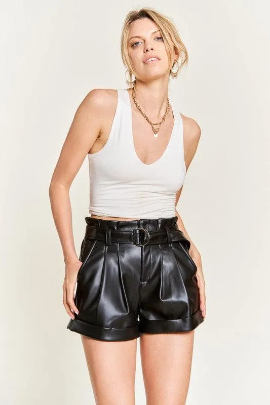 High-Rise Metallic Vegan Leather Belted Shorts